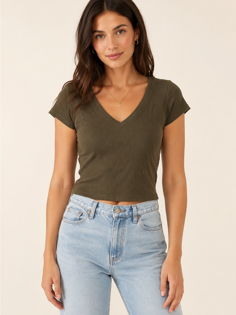 Bozzolo Women’s Large Olive Green Ribbed V-Neck Short Sleeve Crop Top